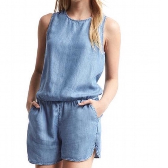 GAP Tencel Tank Indigo Sleeveless Chambray Romper - Picture 2 of 7